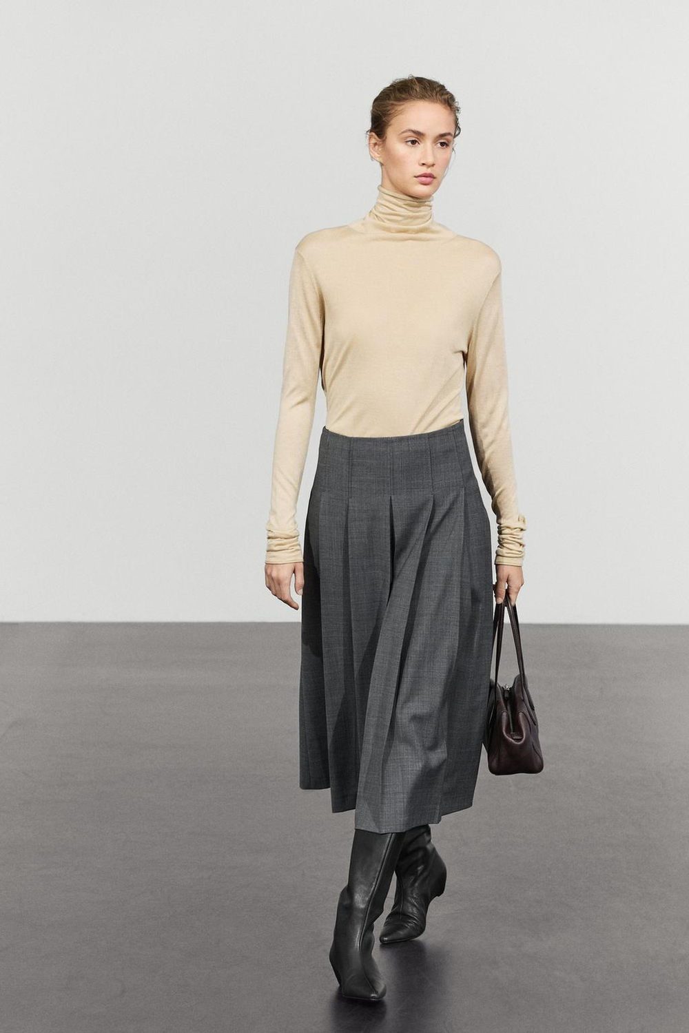 Massimo Dutti Юбка миди из смесовой шерсти со складками, серый