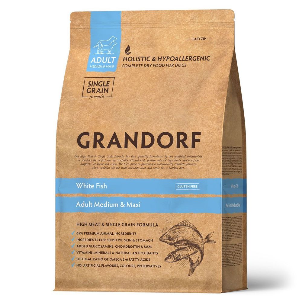 Сухой корм Grandorf DOG White Fish MED&MAXI для взрослых собак средних и крупных пород с белой рыбой