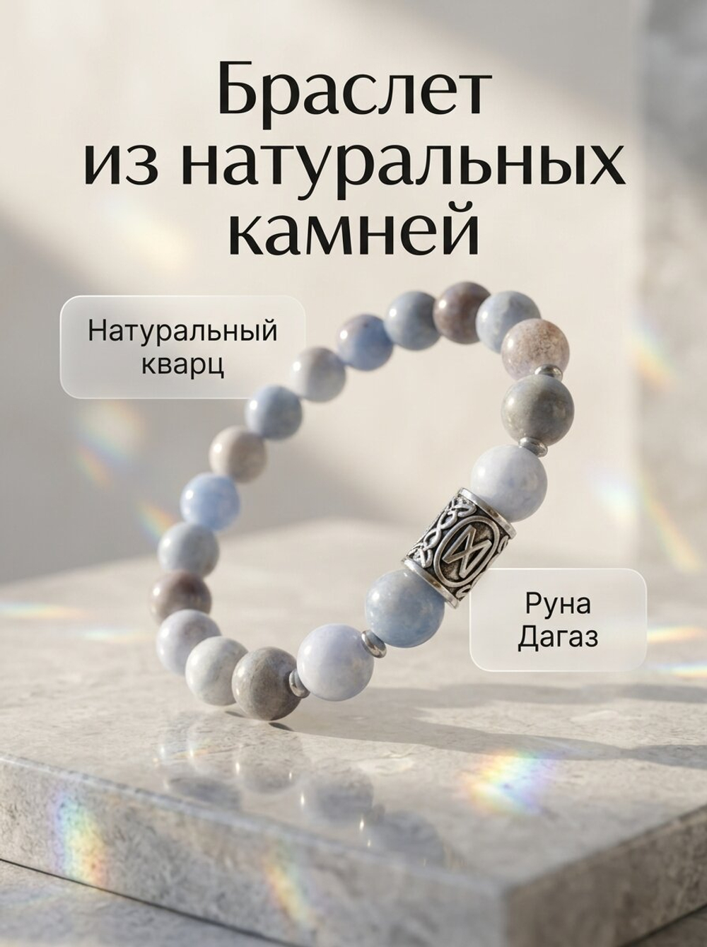 Браслет женский из натуральных камней кварц с руной Дагаз