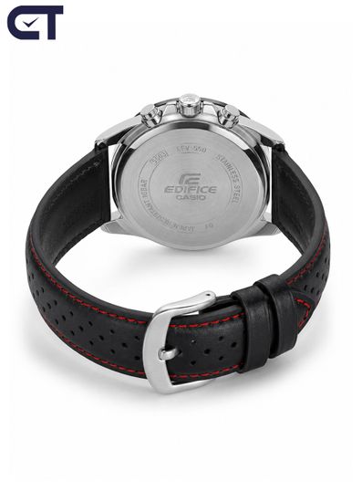 CASIO EFV-550L-1AVUDF EDIFICE мужские наручные часы — крупный хронограф с чёрным циферблатом и кожаным ремешком
