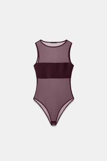 ZARA БОДИ ИЗ КОМБИНИРОВАННОЙ ТКАНИ, ТЕМНО-БОРДОВЫЙ