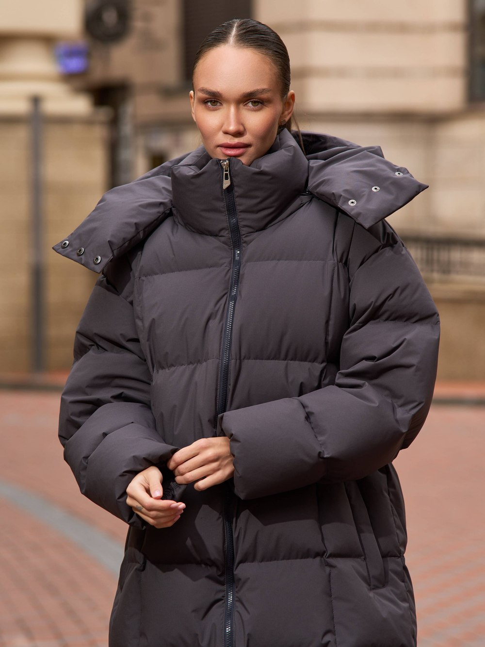 Пуховик средней длины с поясом Dark Grey