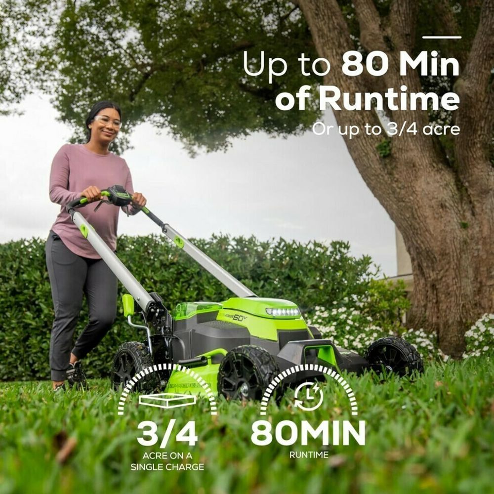 Cамоходная аккумуляторная газонокосилка Greenworks GD60LM61 Twin Force, 60v, 61 см, (2519107UH), с аккумулятором 8 А·ч и зарядным устройством