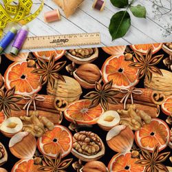 Ткань шифон апельсины, корица и орехи на чёрном фоне