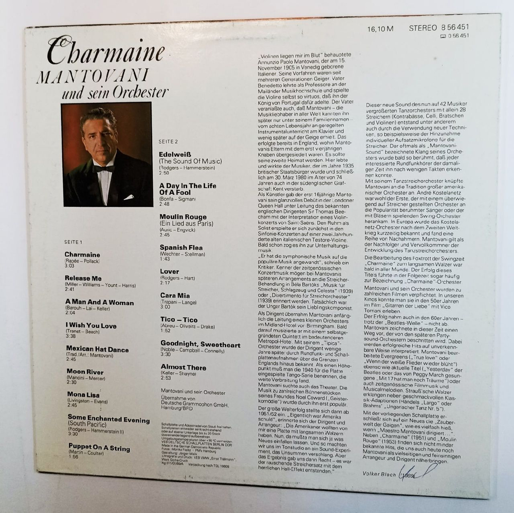 Винтажная виниловая пластинка Mantovani Und Sein Orchester Charmaine (GDR 1989)