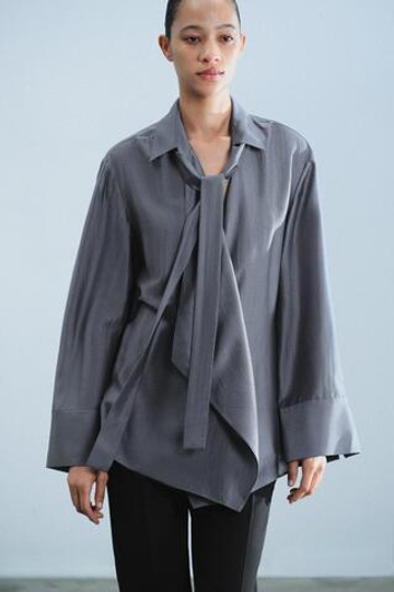 ZARA РУБАШКА С БАНТОМ — ZW COLLECTION, ТЕМНО-СЕРЫЙ