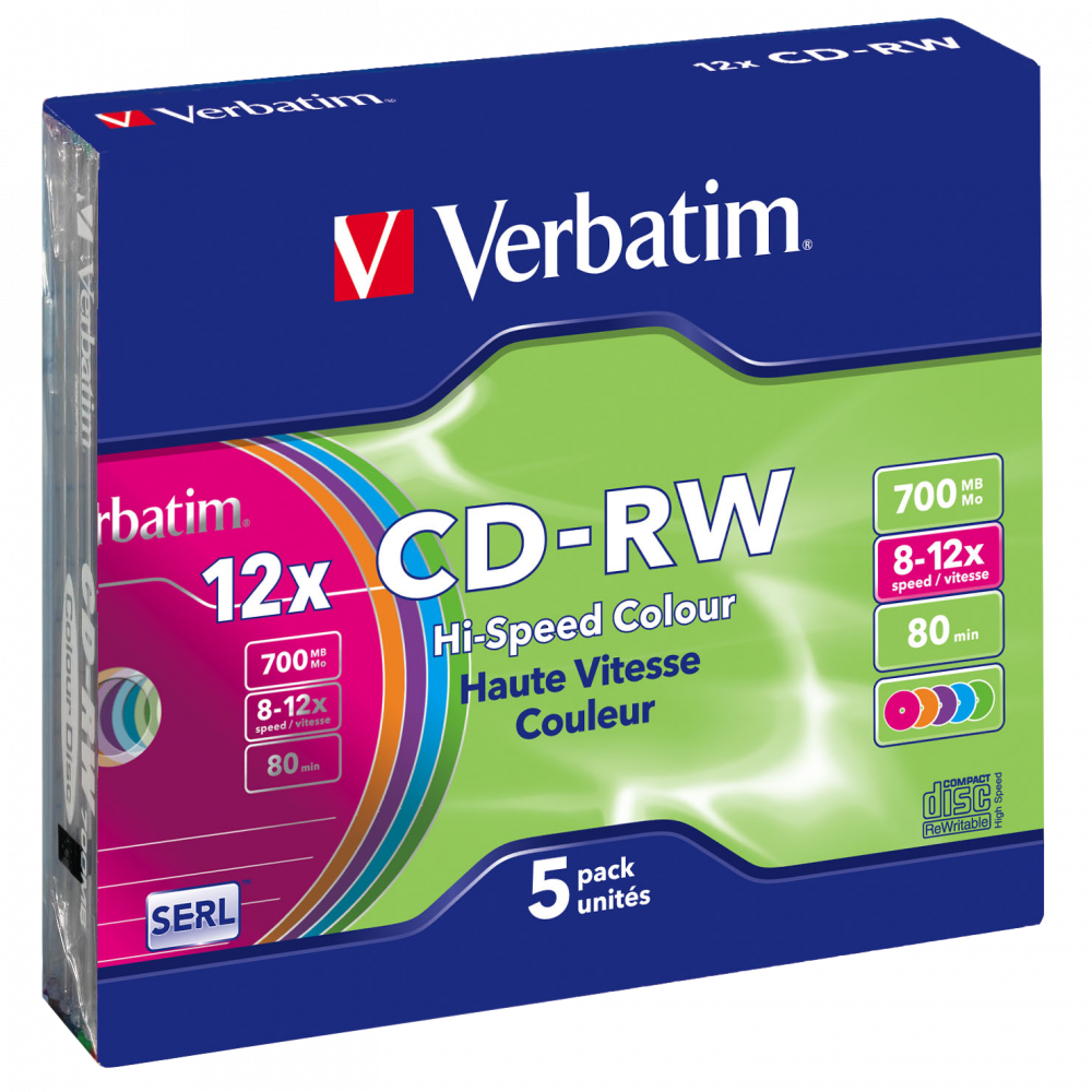 Оптический диск Verbatim CD-RW 700MB 12X Colour, Slim Case, 5 шт