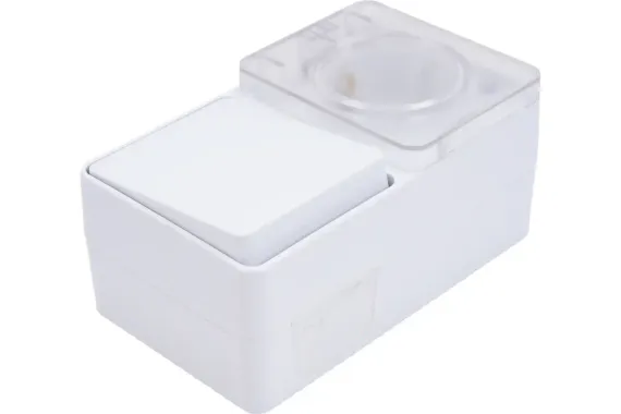 Выключатель Systeme Electric ATLASDESIGN PROFI 1-клавишный + розетка с заземлением IP54 накладной белый 36834