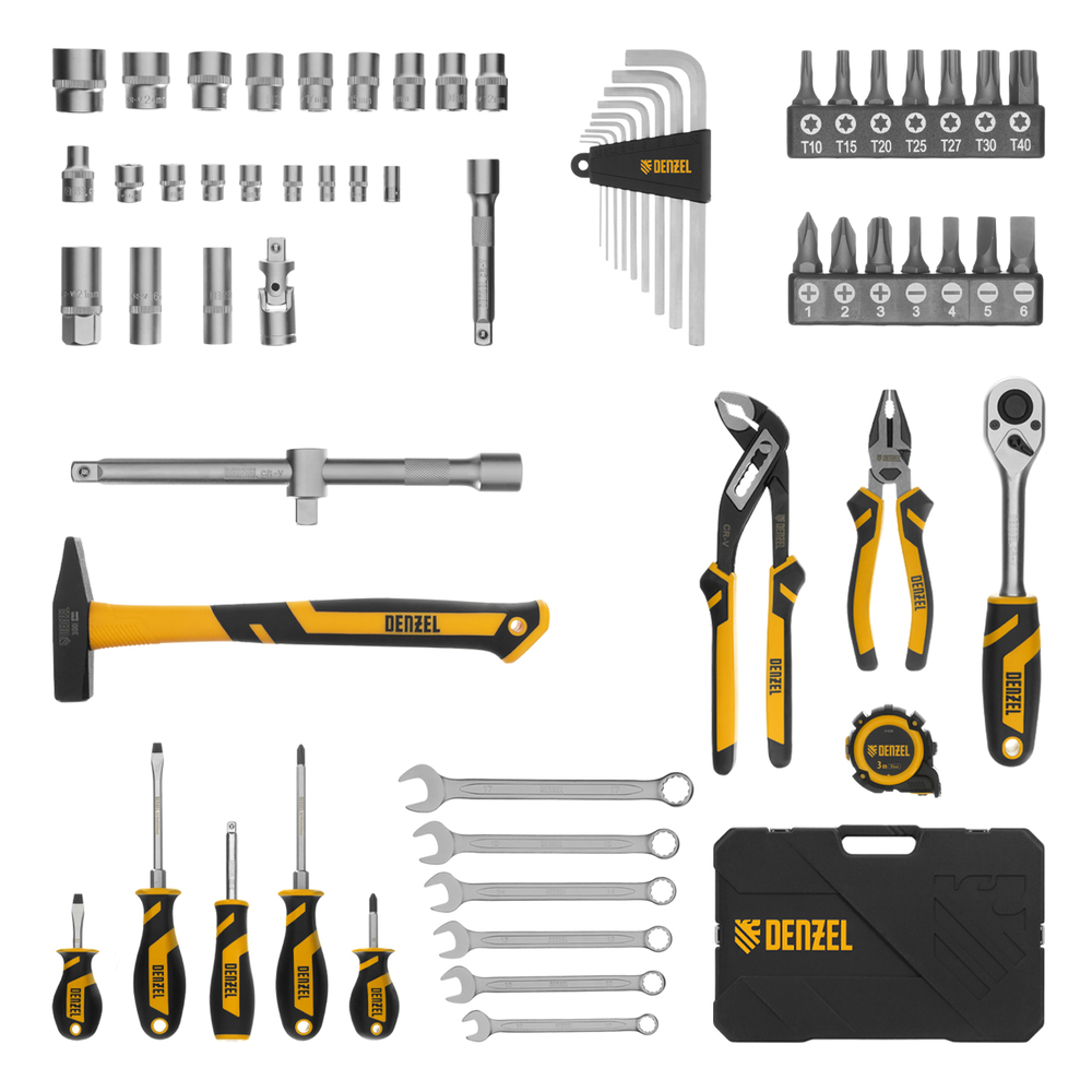 Набор инструментов, 1/2", 1/4", CrV, S2, пластиковый кейс, 64 предмета Denzel