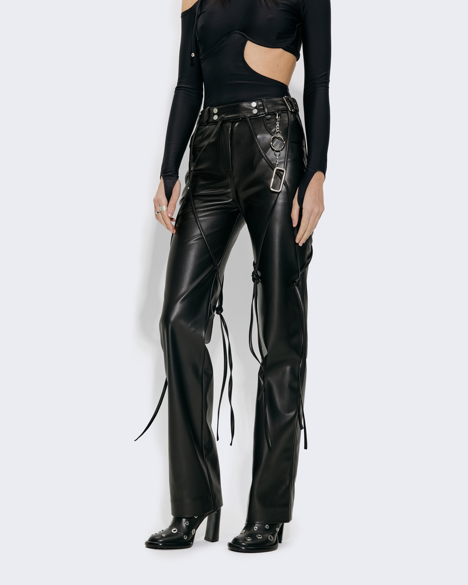 BLACK V-LEATHER TROUSERS WITH STRAPS