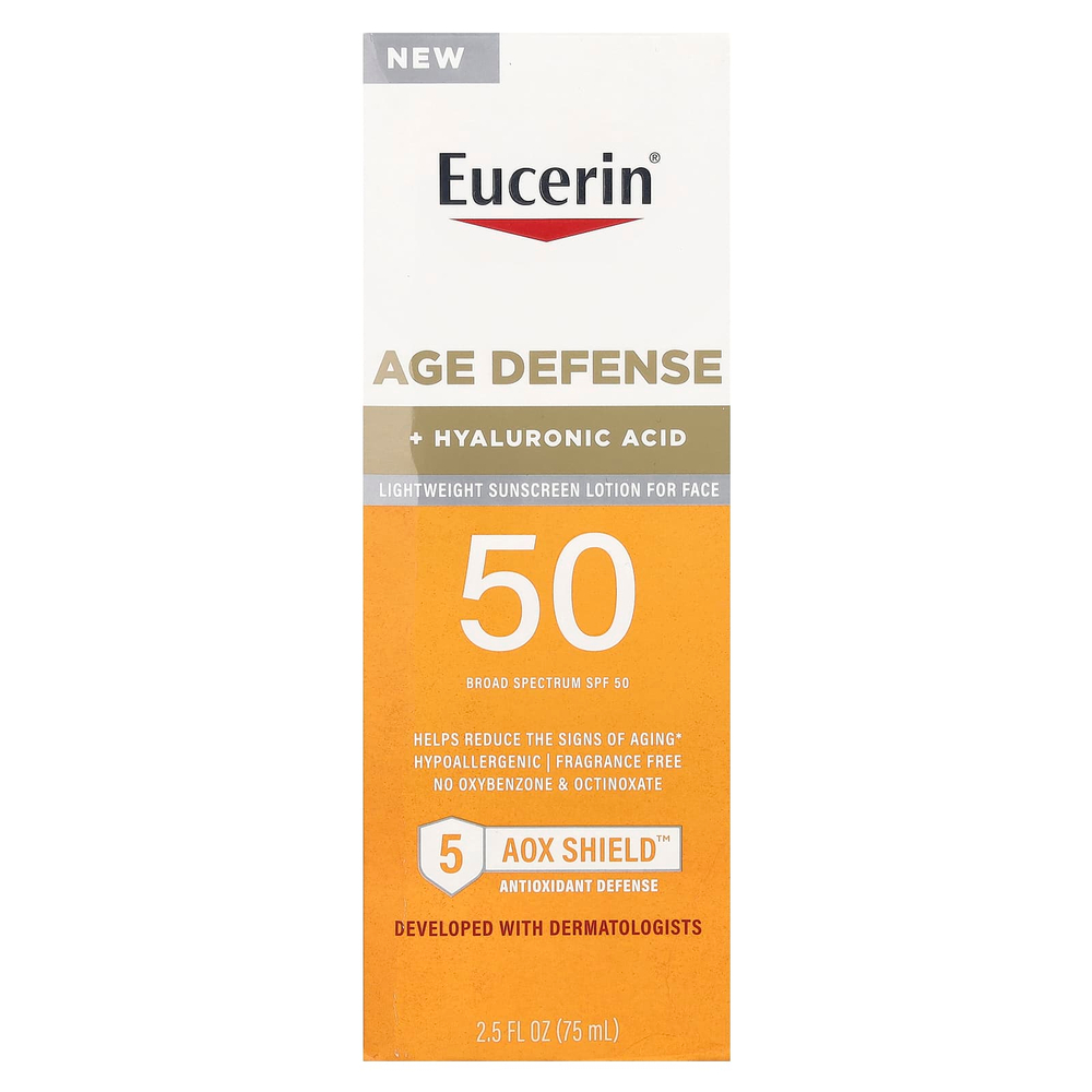 Eucerin, Age Defense, лёгкий солнцезащитный лосьон для лица, SPF 50, без отдушек, 75 мл