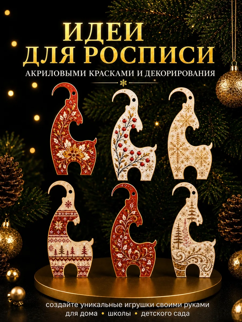 Ёлочные украшения Коза 2027 деревянные, набор 10 шт