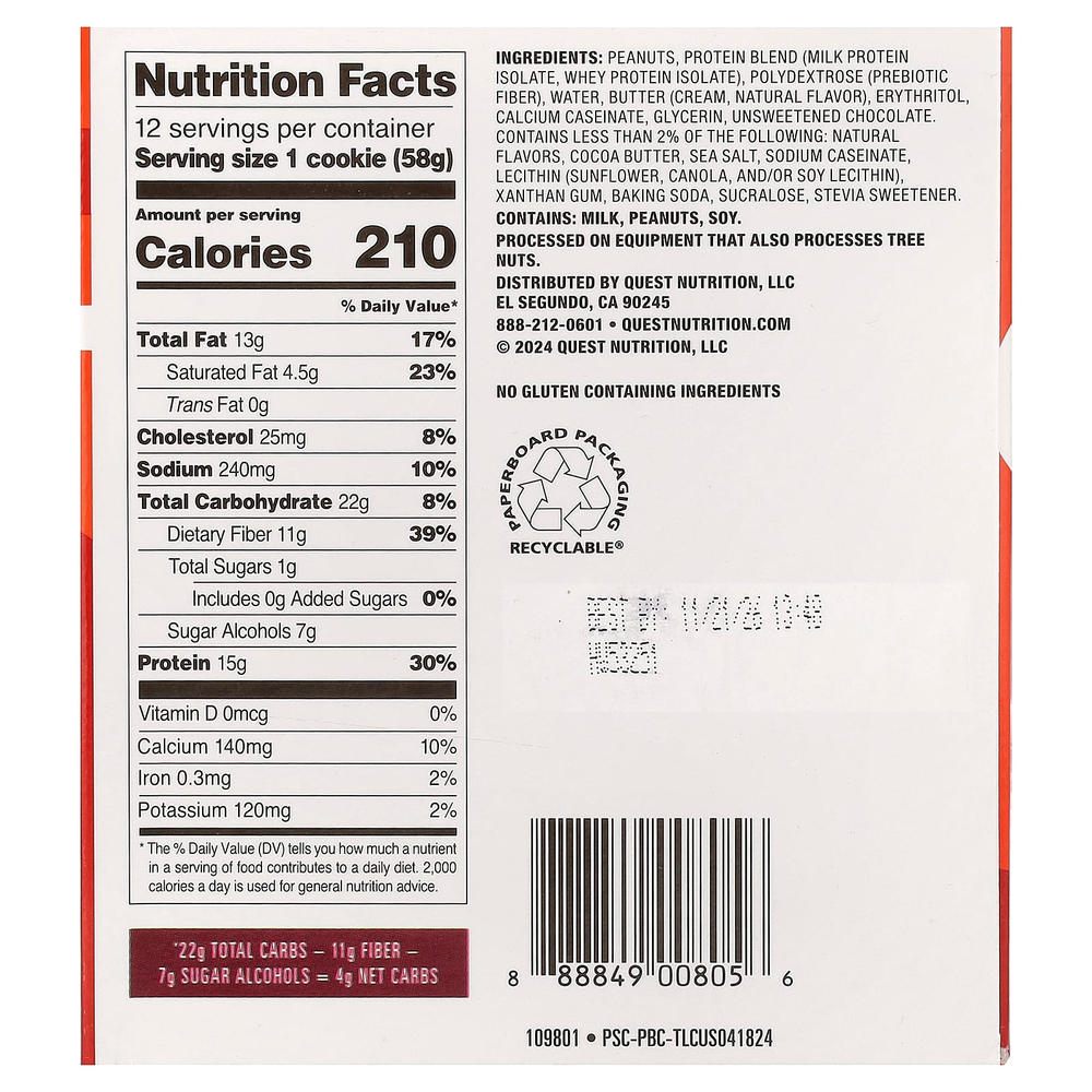 Quest Nutrition, Protein Cookie, арахисовая паста с шоколадной крошкой, 12 печений, 58 г (2,04 унции)