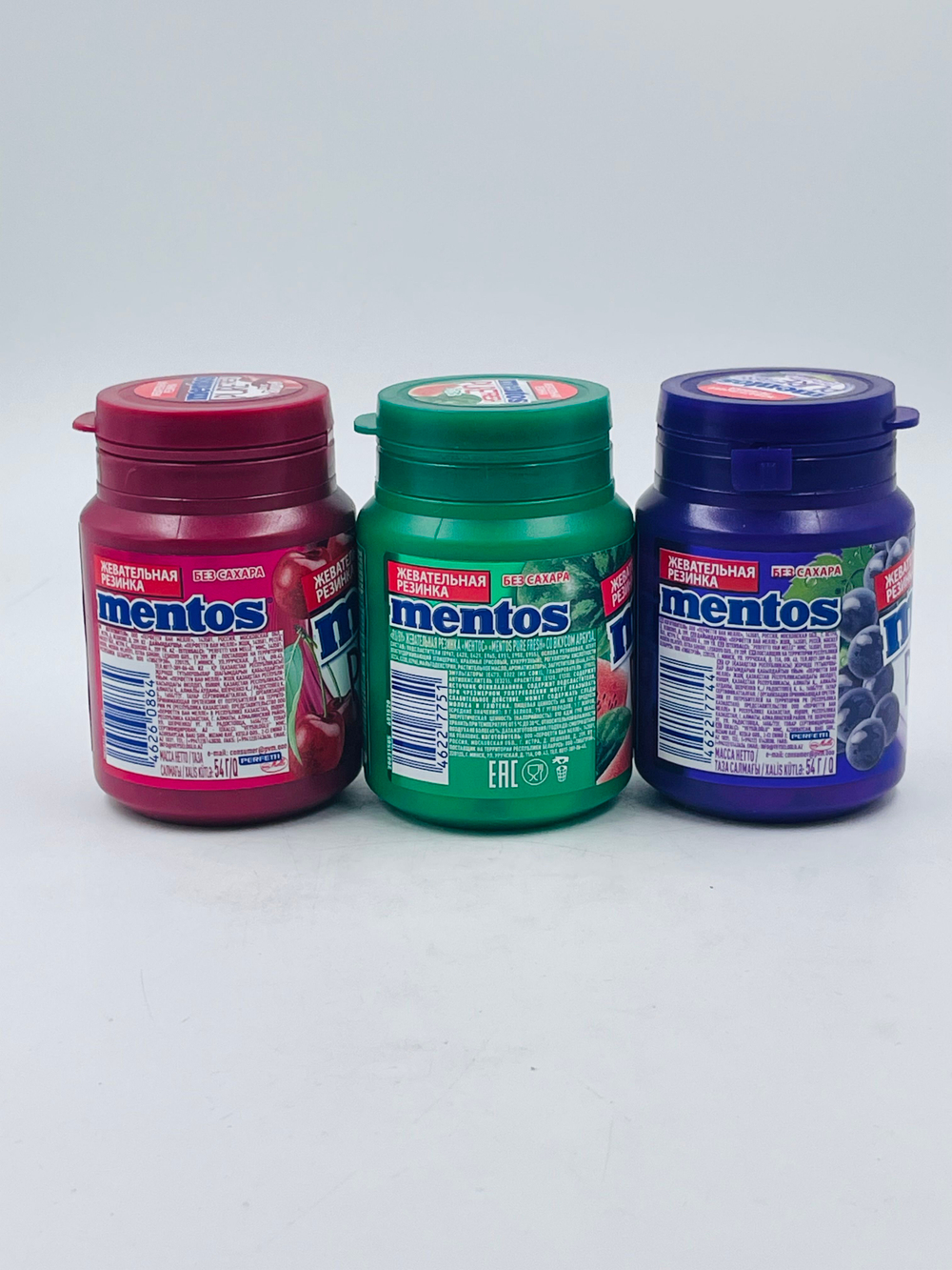Mentos жевательные резинки без сахара Pure fresh, MIX 3 - Виноград, Арбуз, Вишня, 3 шт. по 54 г