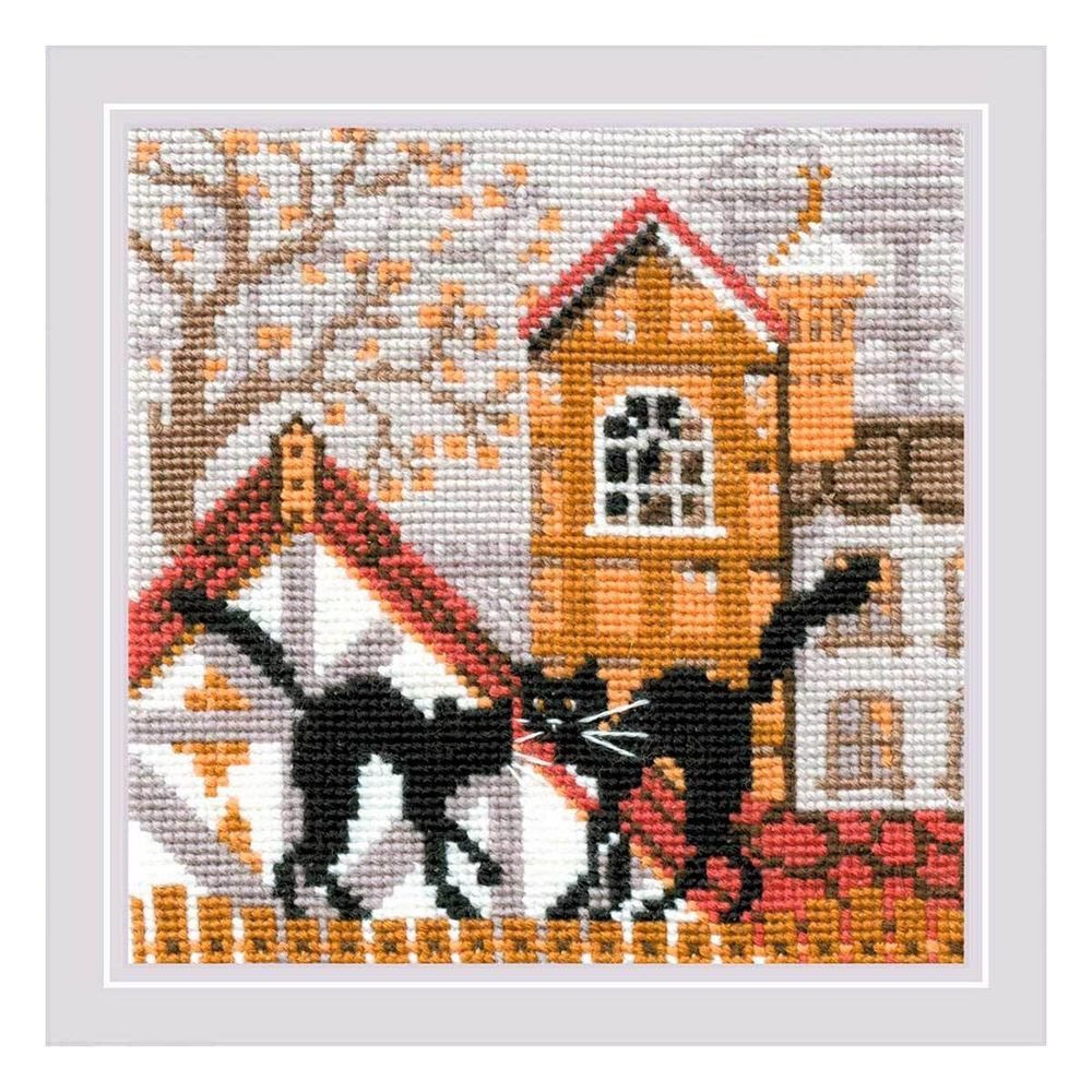 Набор для вышивания нитками Риолис, Город и кошки. Осень, 13х13 см