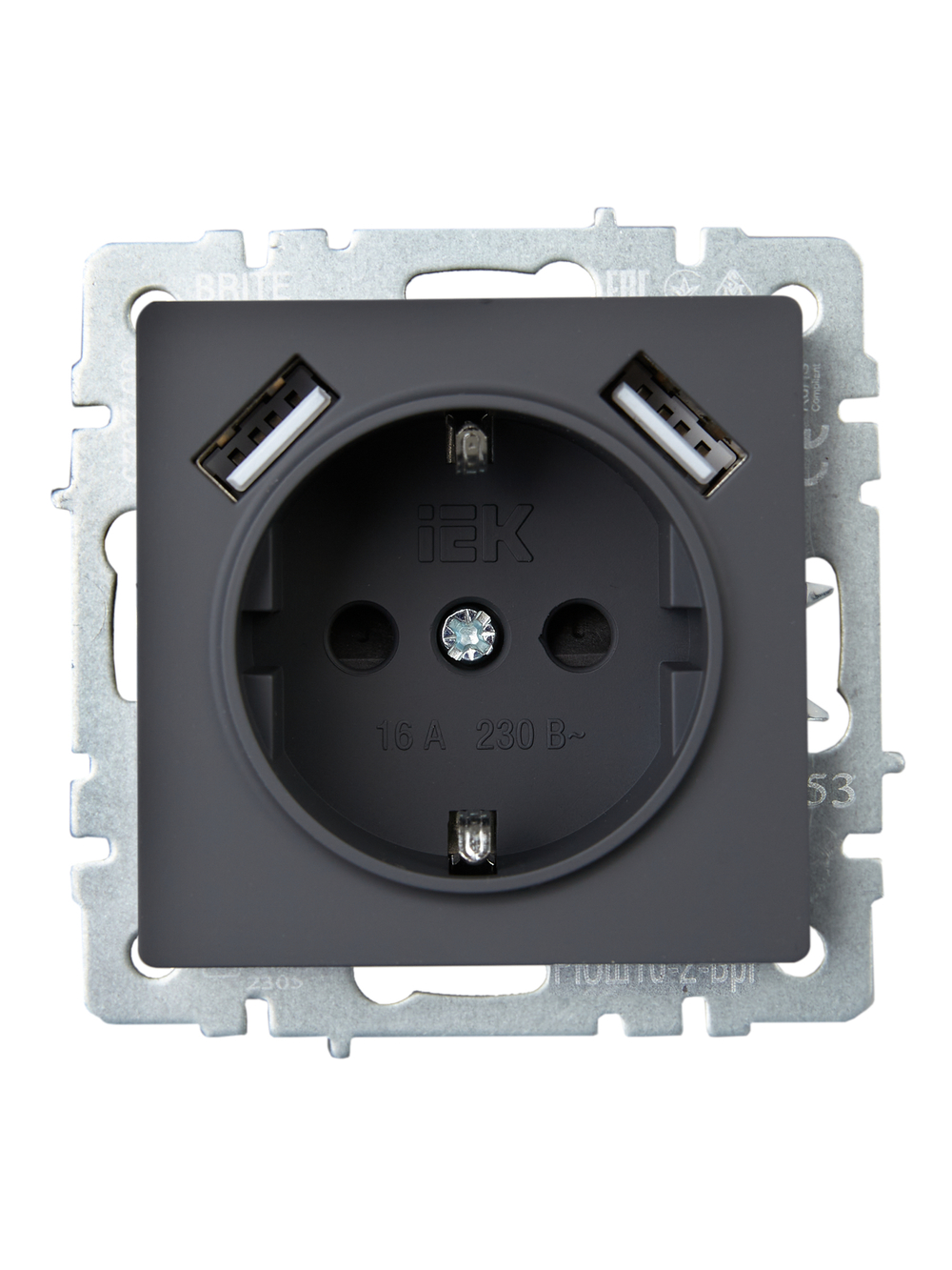 BRITE Розетка 1-местная с заземлением с защитными шторками 16А с USB A+A 5В 3,1А РЮш10-2-БрГ графит IEK