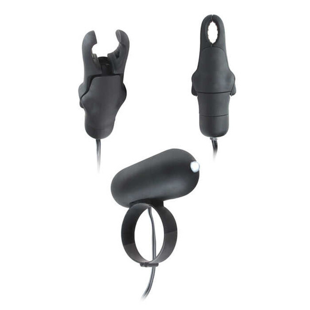 Набор мужских вибраторов на соски и пенис Vibrating Cockring with Nipple Clamps (Цвет: черный)