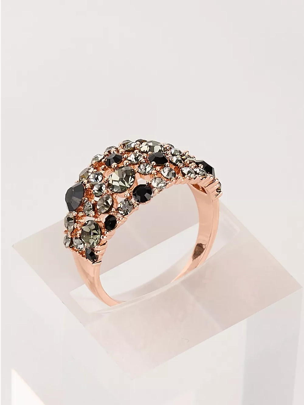 Позолоченное кольцо Россыпь из черно-серых камней Swarovski