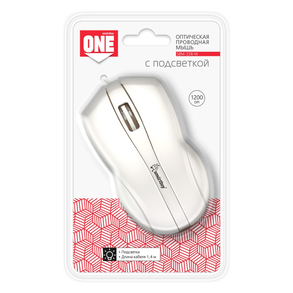 Мышь проводная с подсветкой Smartbuy ONE 338 USB/DPI 1200/3 кнопки/LED/1.4м (SBM-338-W) белая