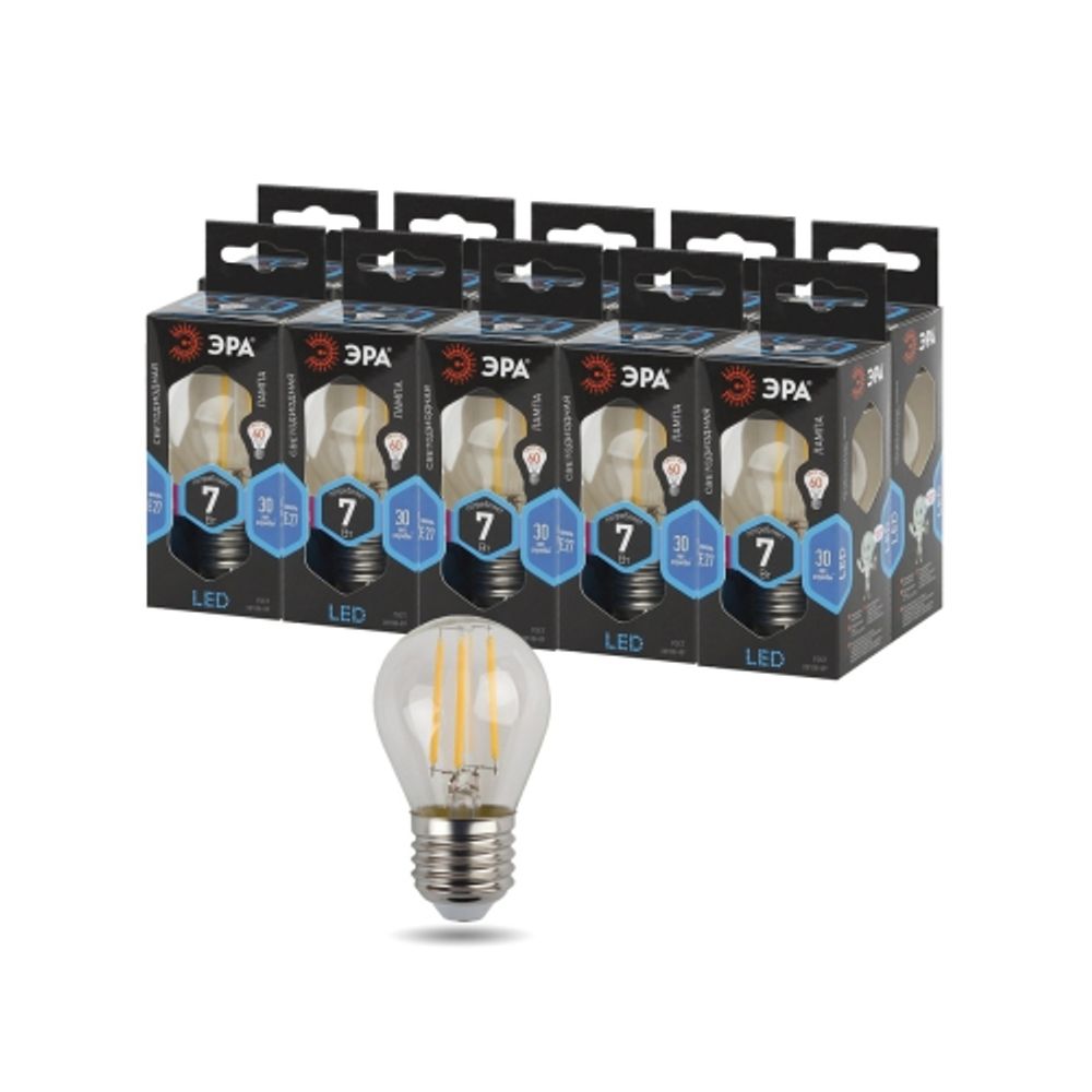 Лампа светодиодная ЭРА F-LED P45-7W-840-E27 7Вт филамент шар нейтральный белый свет Е27 | Филаментные декоративные