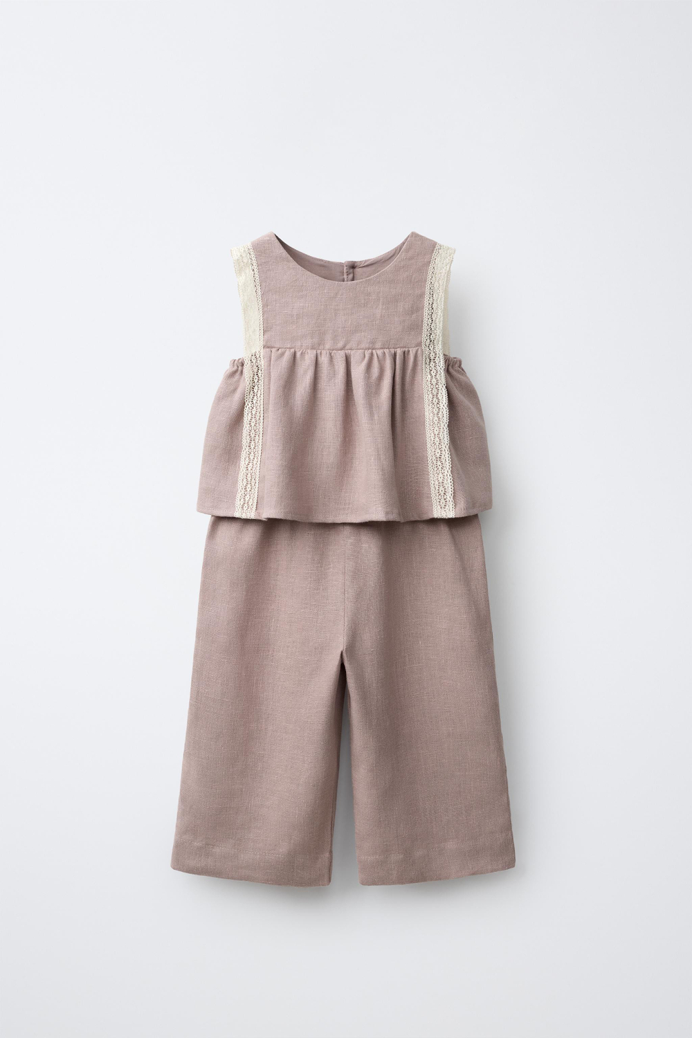 ZARA ЛЬНЯНОЙ КОМБИНЕЗОН С КРУЖЕВОМ, СЕРО-ЛИЛОВЫЙ