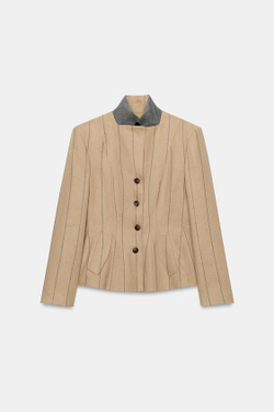 ZARA БЛЕЙЗЕР В ПОЛОСКУ ИЗ СМЕСОВОГО ЛЬНА — ZW COLLECTION, МЯГКИЙ КАШТАНОВЫЙ