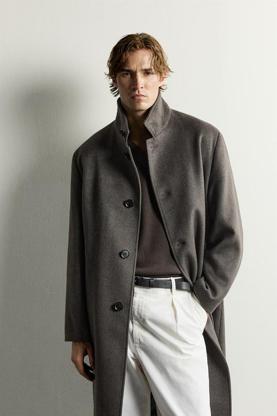 ZARA ПАЛЬТО RELAXED FIT С ВЫСОКИМ ВОРОТНИКОМ, СЕРО-КОРИЧНЕВЫЙ