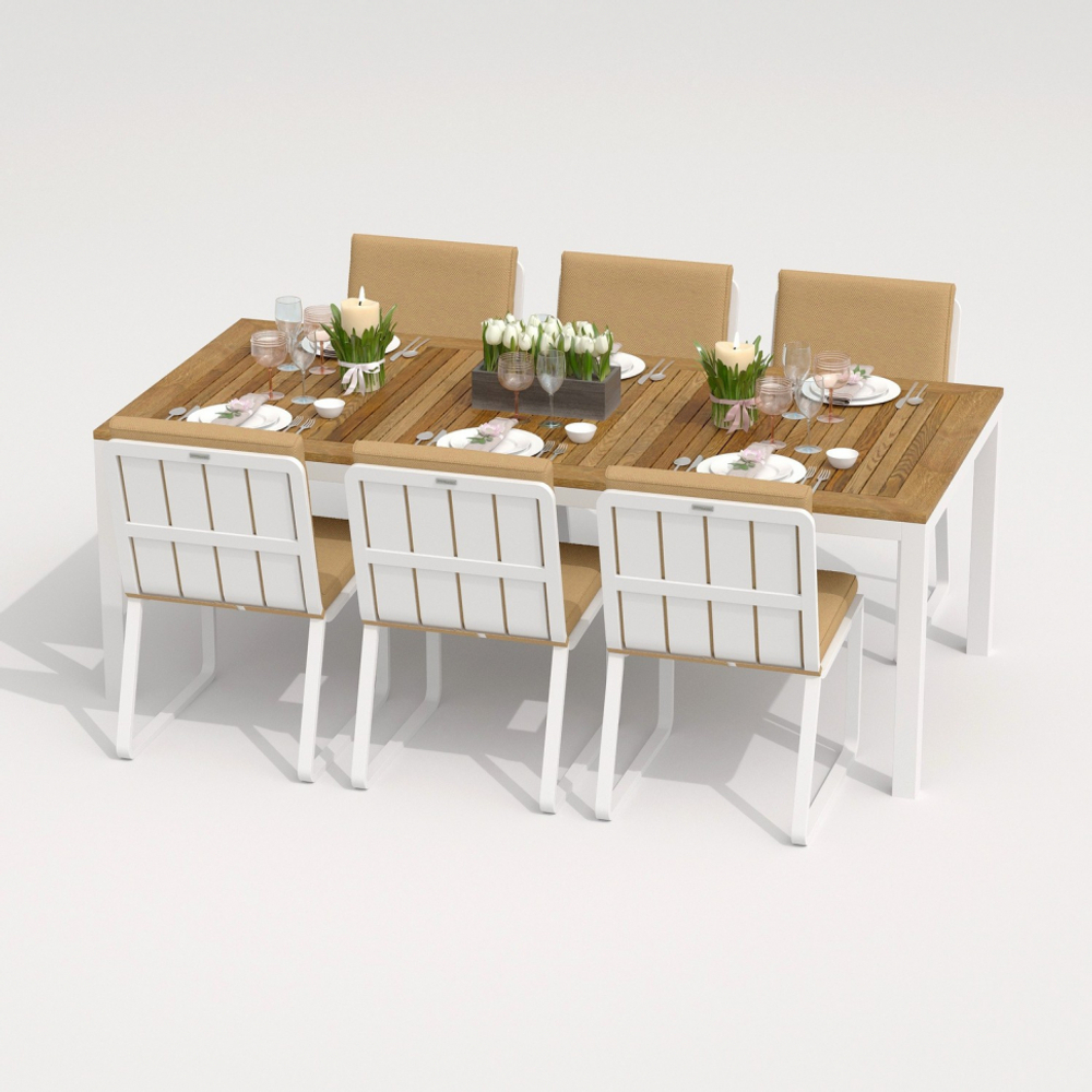 Обеденная группа Ideal Patio ТЕЛЛА  ГИРА  каркас белый, стол тик 200, ткань бежевая