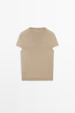 Massimo Dutti Свитер из хлопка с короткими рукавами и необработанным краем, бежевый
