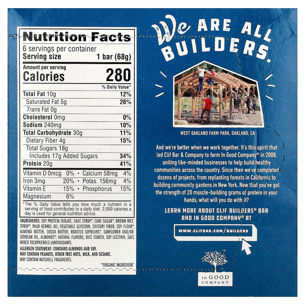 Clif Bar, Builders® Protein Bar, Vanilla Almond, 6 Bars, 2.4 oz (68 g) Each