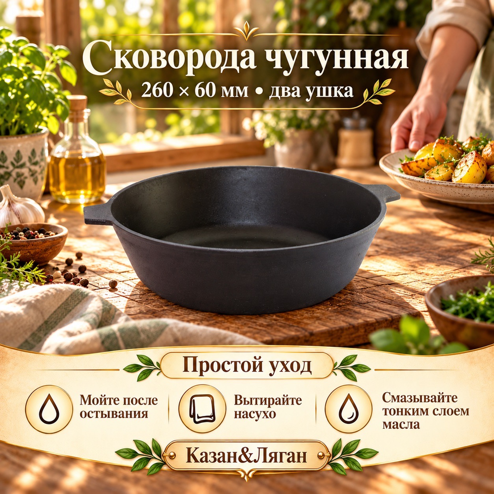 Сковорода литая чугунная 260х60 с двумя ушками Камск