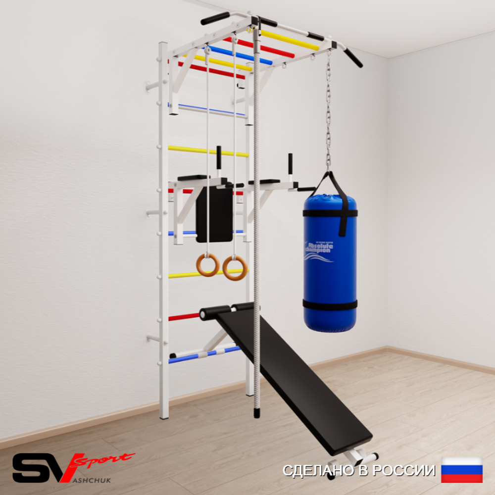 Шведская стенка Sv Sport усиленная 6542 (Турник рукоход/Брусья/Скамья/Канат/Кольца/Цепь/Мешок 22кг)