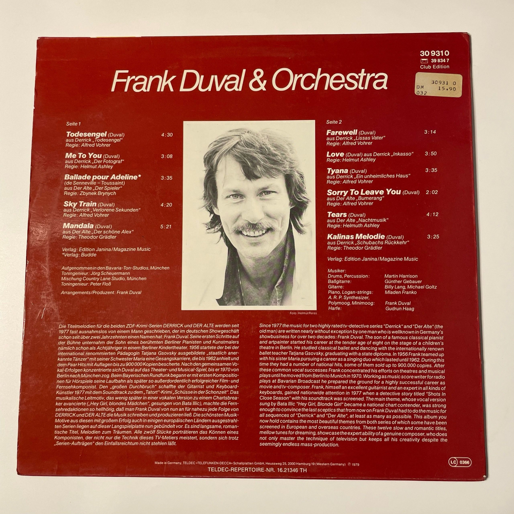 Винтажная виниловая пластинка LP Frank Duval and Orchestra, Die Schonsten Melodien Aus Derrick Und Der Alte (Германия 1979)