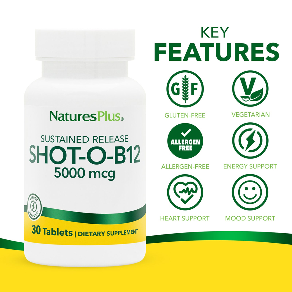 NaturesPlus, Shot-O-B12®, длительное высвобождение, 5000 мкг, 30 таблеток