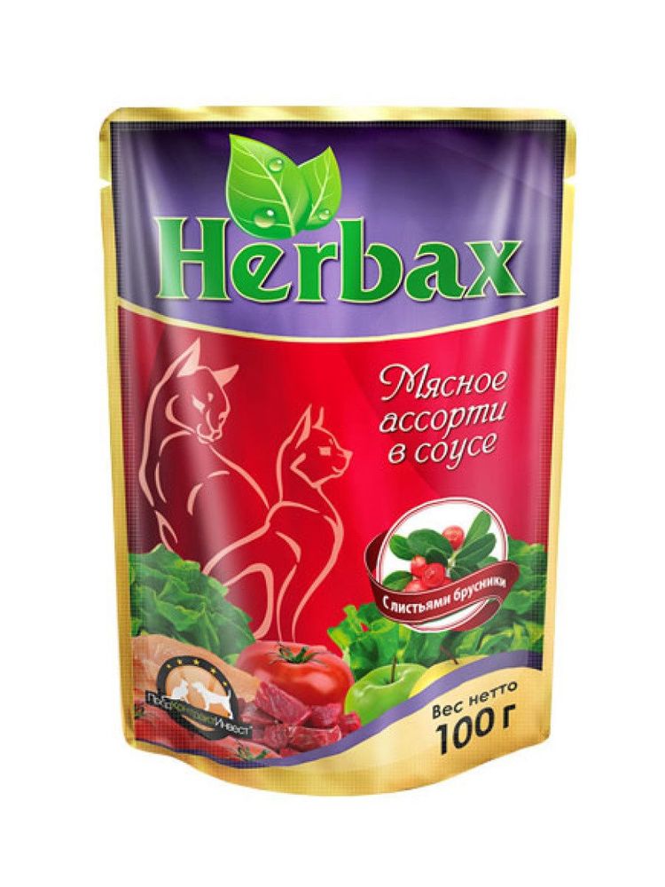 Влажный кром Herbax для взрослых кошек, мясное ассорти в соусе с листьями брусники, 100 г Влажный кром Herbax для взрослых кошек, мясное ассорти в соусе с листьями брусники, 100 г