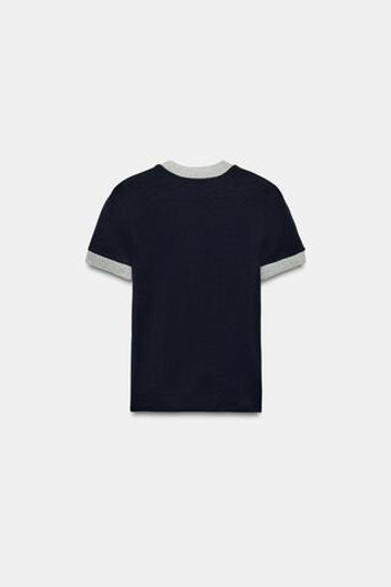 ZARA ФУТБОЛКА В РУБЧИК С КОНТРАСТНОЙ ОТДЕЛКОЙ, СИНИЙ/ЧЕРНЫЙ