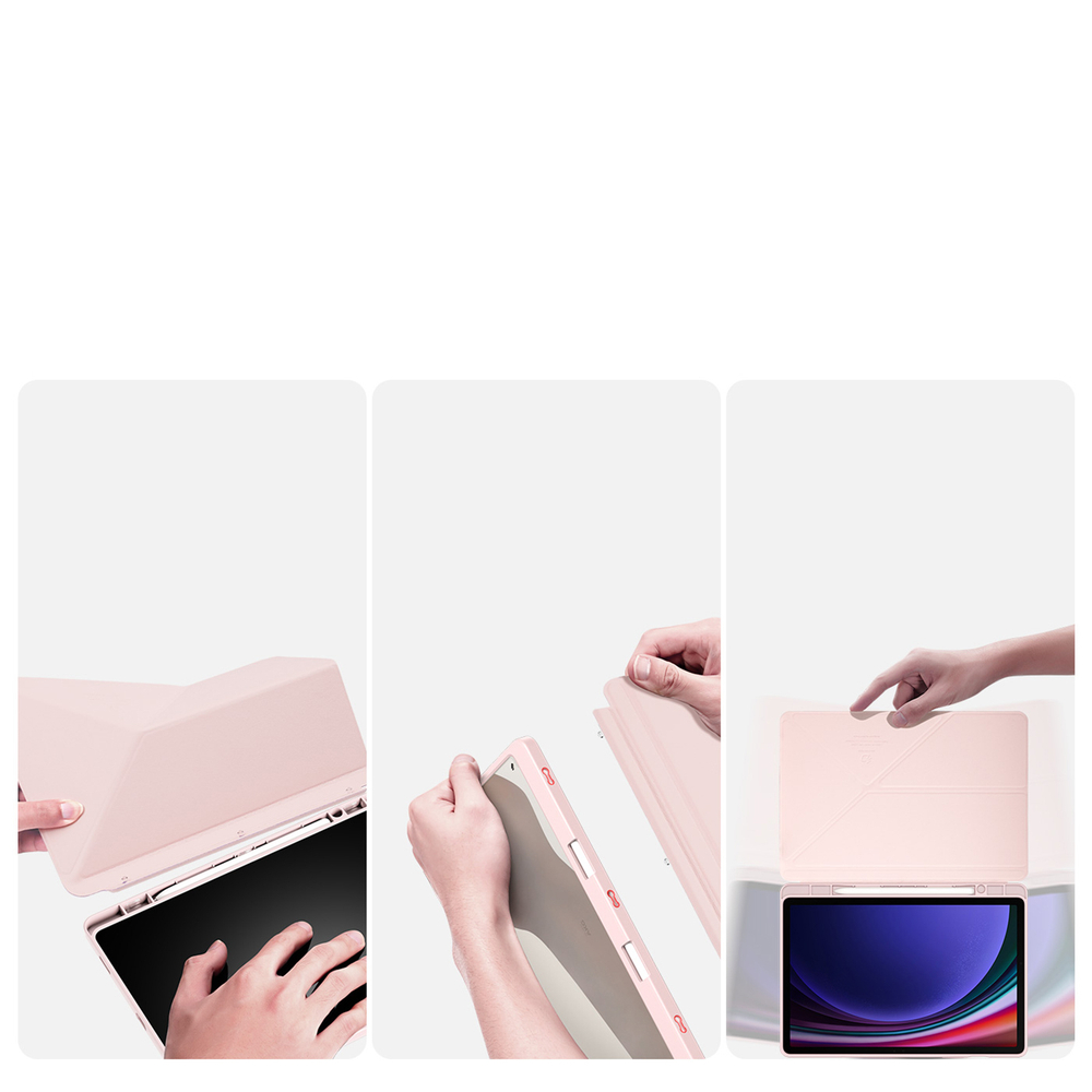 Чехол книжка розового цвета от Dux Ducis для Samsung Galaxy Tab S9, Tab S9 FE и Tab S10 FE, серия Magi Series Case, с держателем Pencil и функцией автоматического перехода в спящий режим