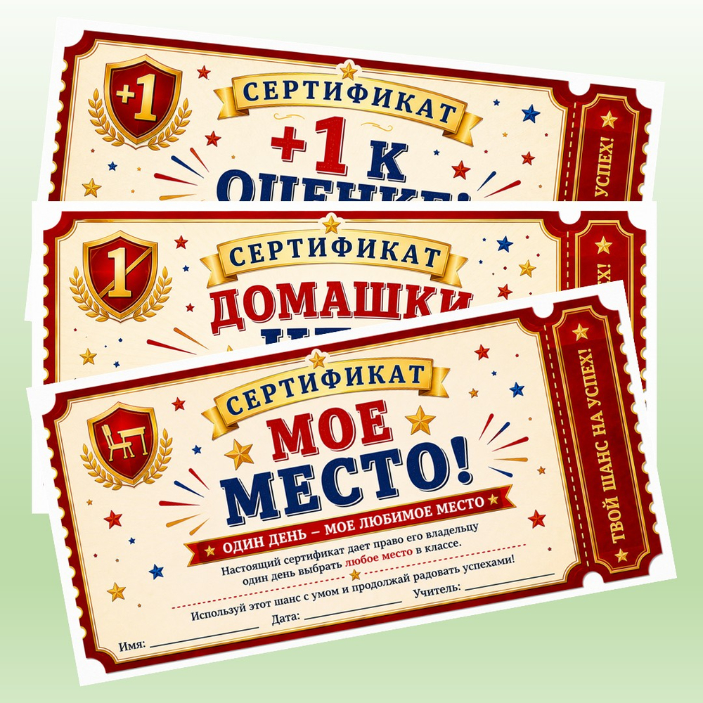 Мотивационные подарочные сертификаты для школьников. 8 шт. PDF-материал