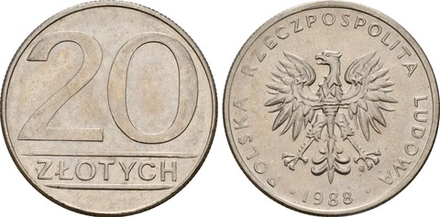 Польша 20 злотых, 1988 Герб XF