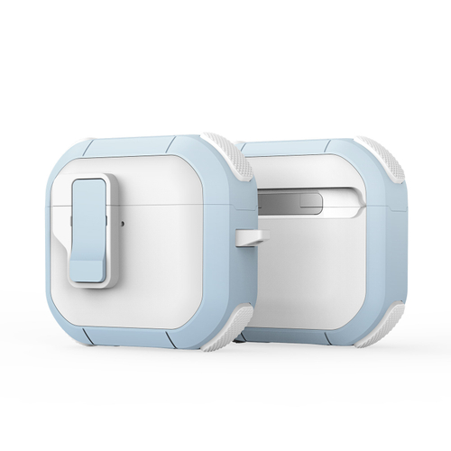 Усиленный чехол белый с синими вставками от Dux Ducis для наушников AirPods 4, серия PECP Series Case, в комплекте с карабином