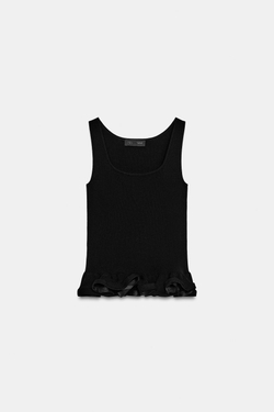 ZARA ТРИКОТАЖНЫЙ ТОП С ВОЛНИСТЫМ КРАЕМ, ЧЕРНЫЙ