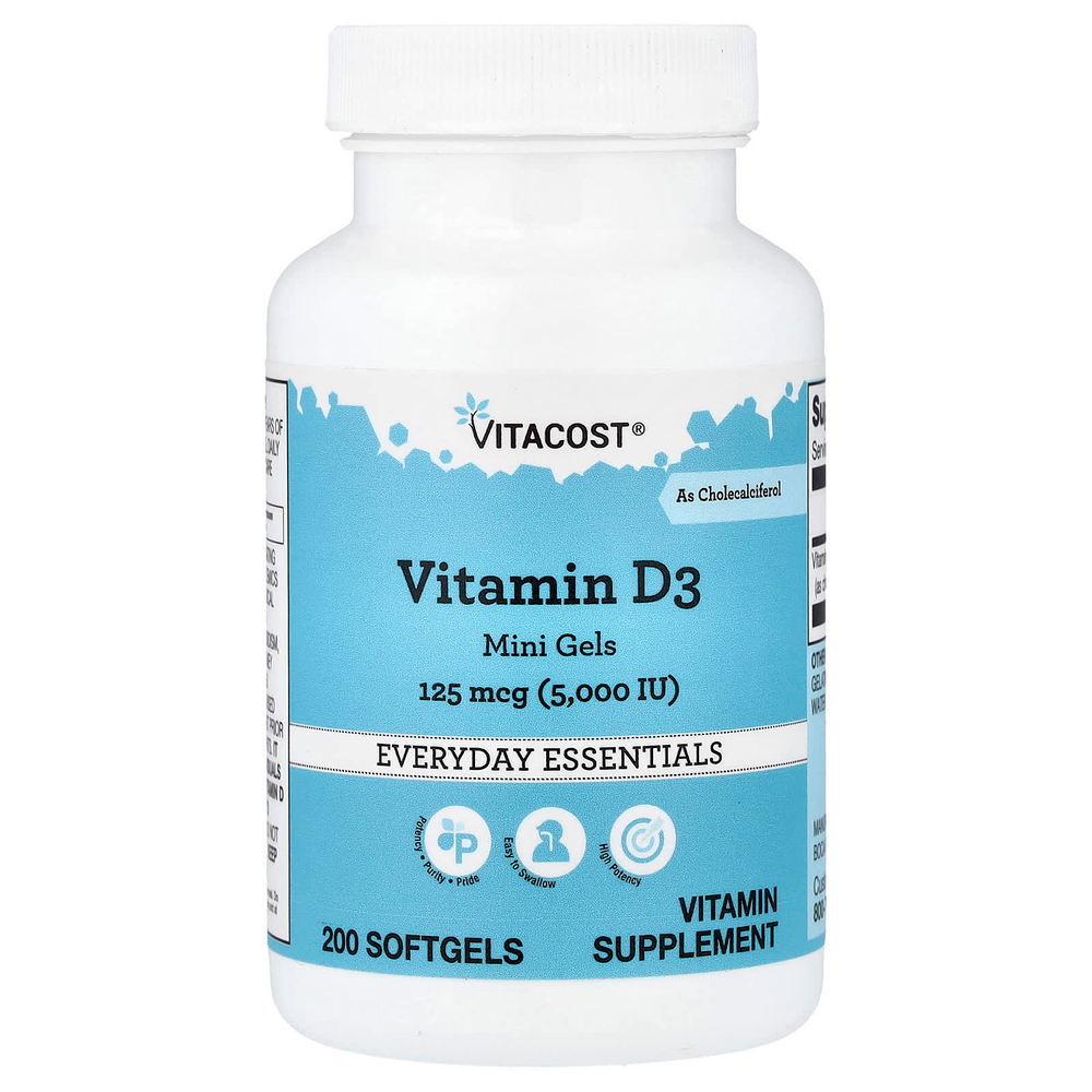 Vitacost, Vitamin D3 Mini Gels, 125 mcg (5,000 IU), 200 Softgels