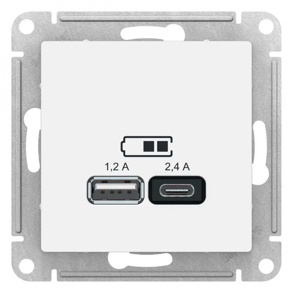 ATLASDESIGN USB РОЗЕТКА А+С, 5В/2,4А, 2х5В/1,2А, механизм, БЕЛЫЙ