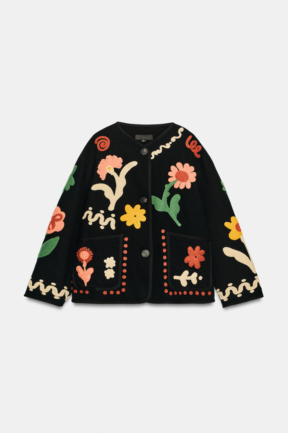 ZARA КУРТКА С ЦВЕТОЧНОЙ ВЫШИВКОЙ, ЧЕРНЫЙ