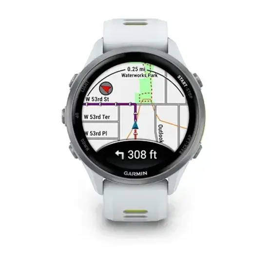 Умные часы Garmin Forerunner 970 с серебристым безелем и желто-белым ремешком