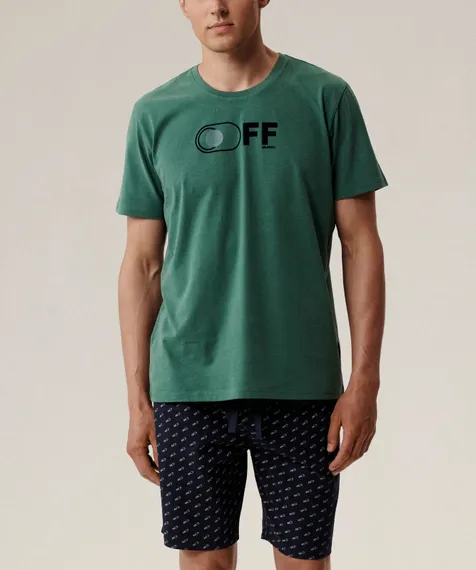 Пижама мужская с коротким рукавом и шортами Atlantic NMP-395, хлопок, сосново-зеленый + темно-синий