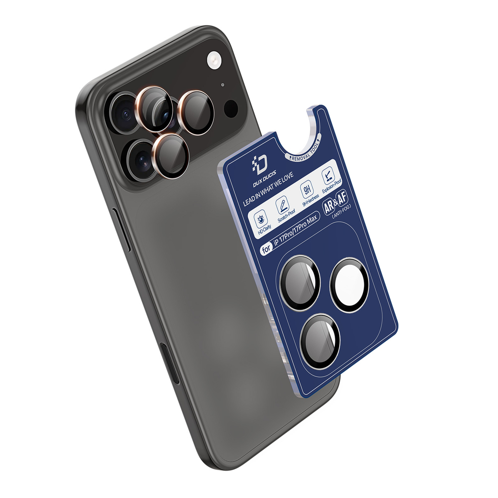 Защитное стекло на объективы камеры для iPhone 17 Pro и 17 Pro Max, серия HAWK Series от Dux Ducis, рамки из алюминия черного цвета