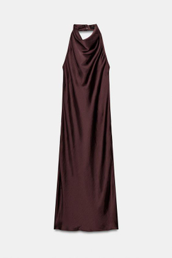ZARA АТЛАСНОЕ ПЛАТЬЕ МИДИ С ГОРЛОВИНОЙ ХАЛТЕР — ZW COLLECTION, БАКЛАЖАННЫЙ