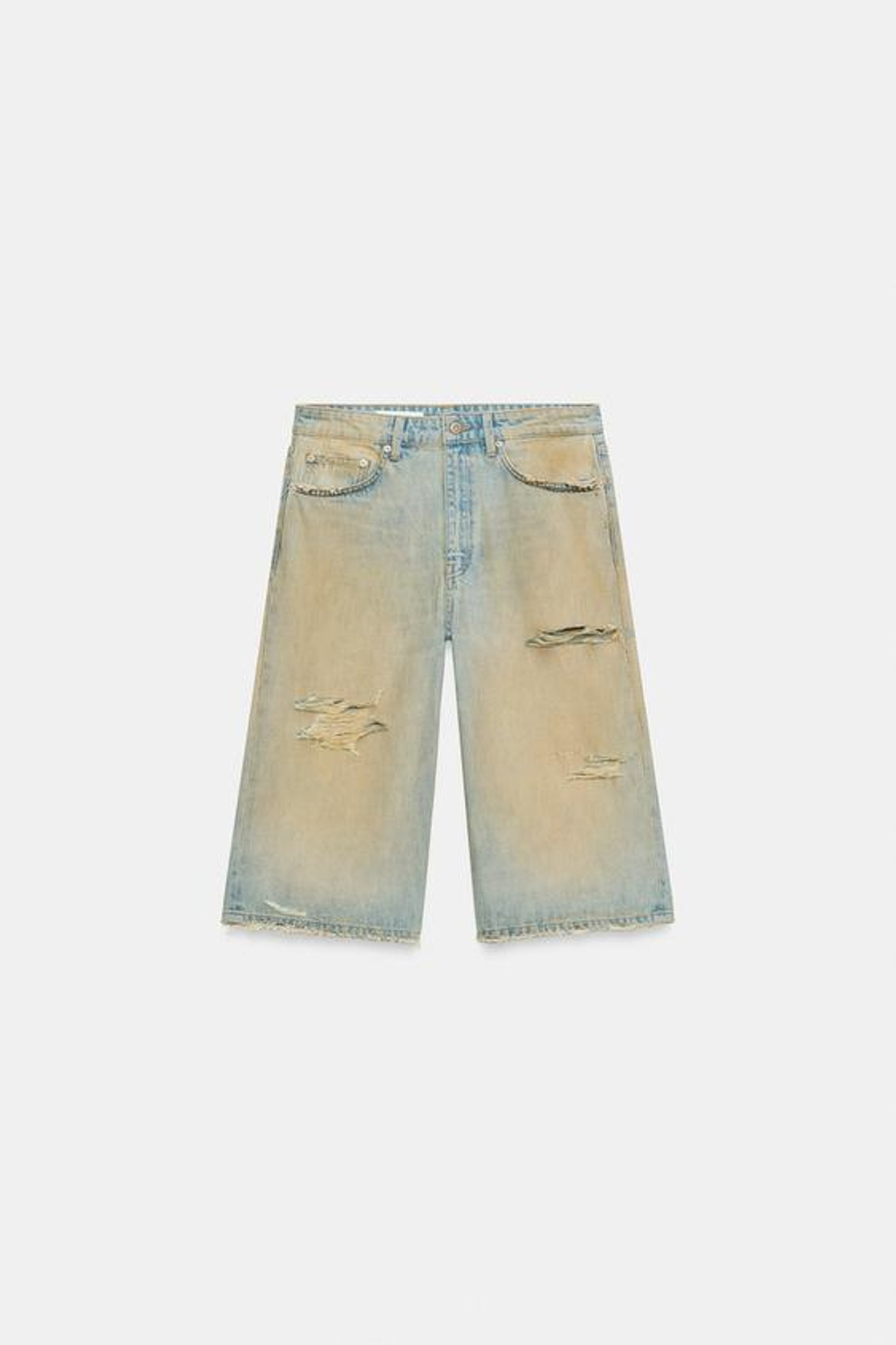 ZARA ДЖИНСОВЫЕ ШОРТЫ TRF BAGGY С РАЗРЕЗАМИ, ЛИНЯЛЫЙ СИНИЙ