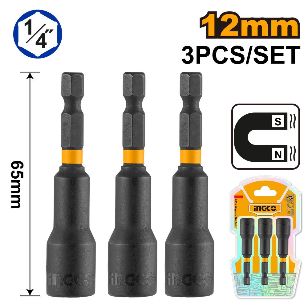 Набор магнитных торцевых головок INGCO AMN1231 1/4" 12х65 мм 3 шт. Набор магнитных торцевых головок INGCO AMN1231 1/4" 12х65 мм 3 шт.